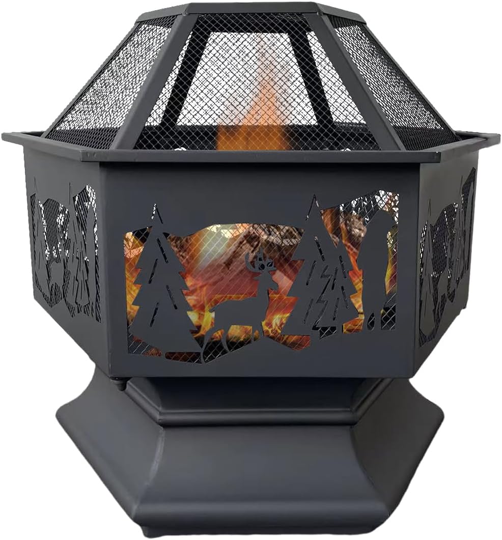 Hexagon Outdoor Fire Pit Wood Burning Outdoor Fireplace with Poker and