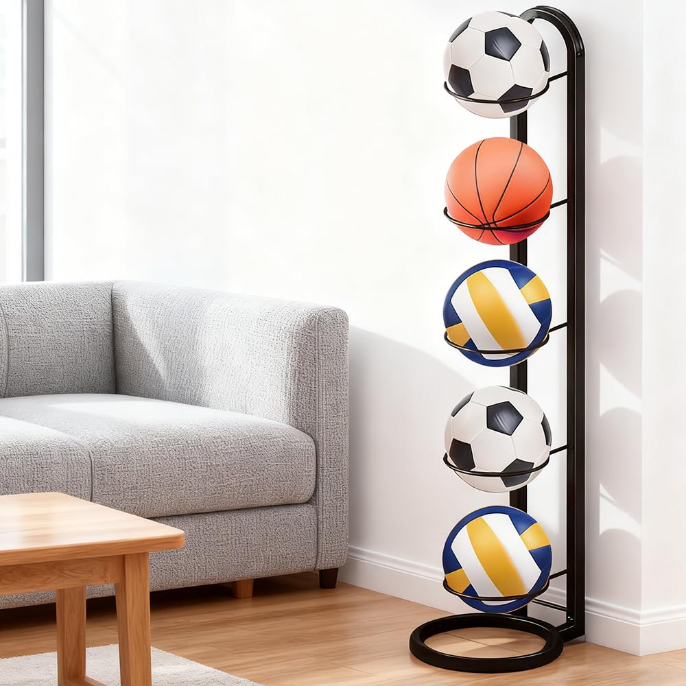 Rangement Ballon 5 Niveaux, Grand Porte Ballon sur Pieds, Supports Ballons de Foot en Métal Suspendus, Étagères Rangement Ballons 115.5 × 23.5 cm, pour Organisation Équipement de Sport, Noir