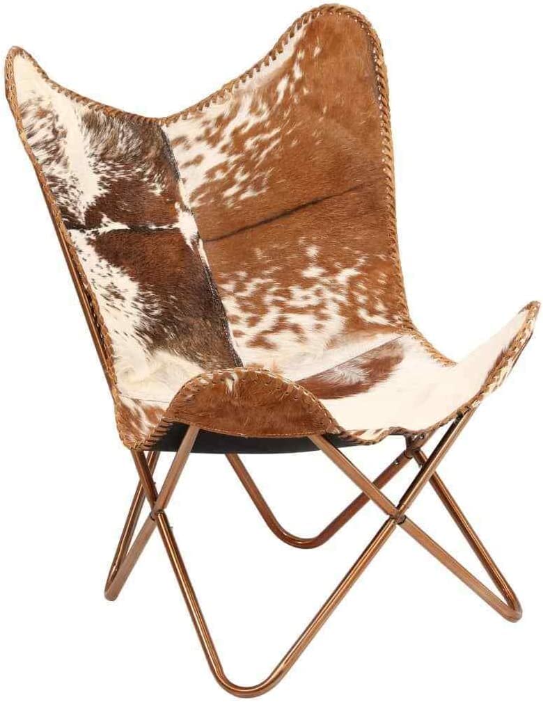 NATURALS EXPORT Handmade Leather Butterfly Chair Tan Side Hand Stitch Leather Butterfly Chair for Relaxing with Powder Coated Folding Iron Frame Vintage Arm Chair (White and Brown with Ross Gold)
