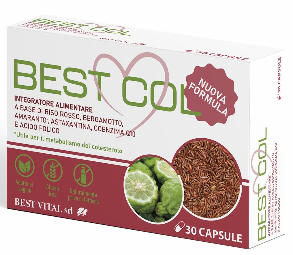 BEST COL Nuova Formula - Integratore Alimentare a Base di Bergamotto, Amaranto, Astaxantina, Coenzima Q-10, Riso Rosso e Acido Folico. 30 capsule