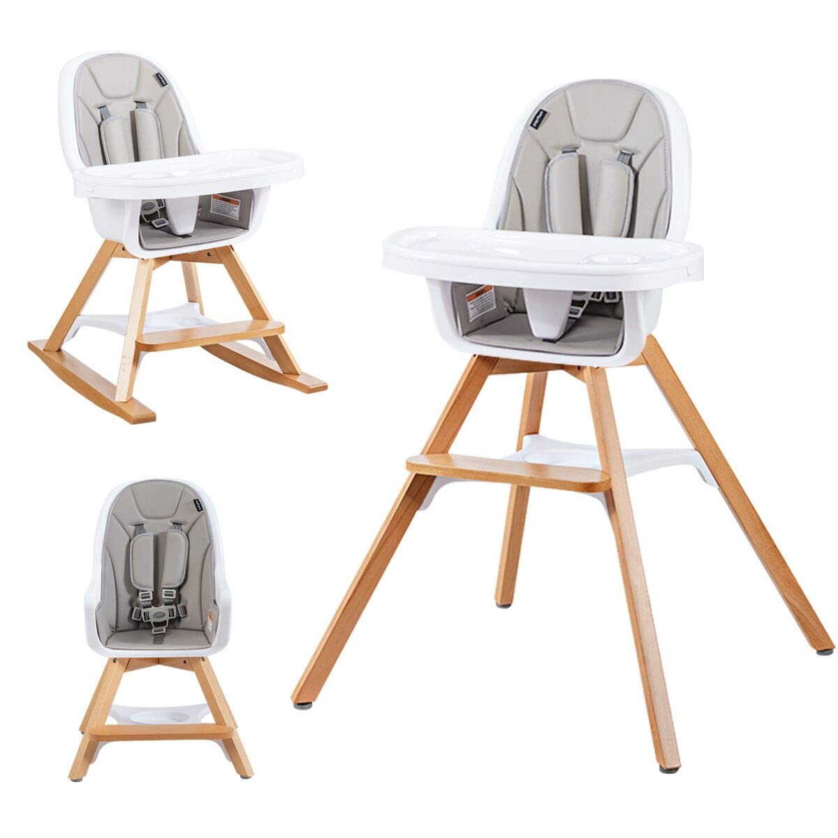 HONEY JOY Baby High Chair, 4 in 1 Convertible Wooden Highchair/Booster Seat/Rocking Chair/Toddler Chair with 5-Point Safety Harness, 3-Position Adjustable Feeding Tray for Infant Toddler (Gray)