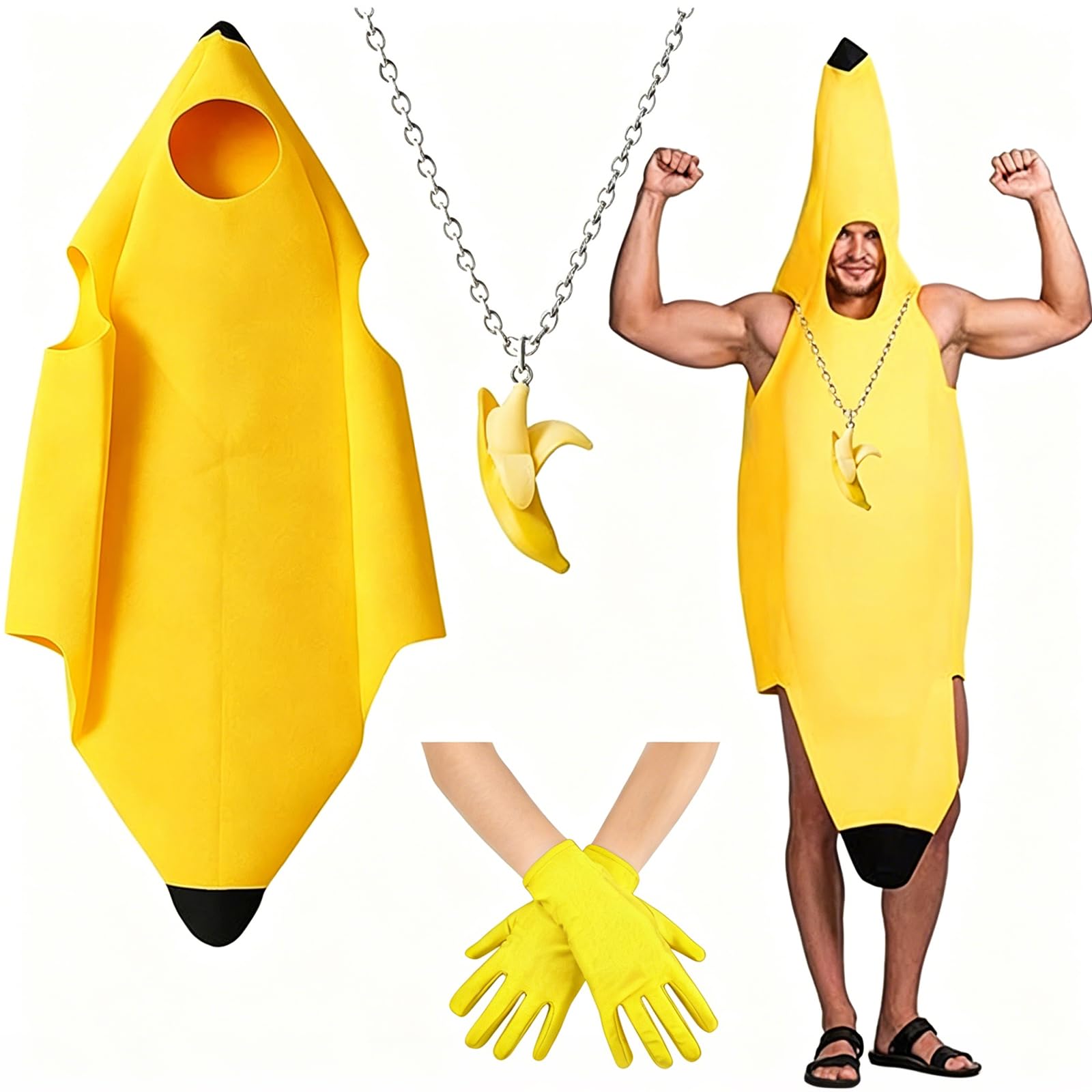WQorphix 1 Pcs Banana Costume, Banana Costume Adult with Necklace and Gloves, One Size Fits Most, Lightweight and Comfortable for Adults and Kids, Easy to Wear for Halloween and Parties