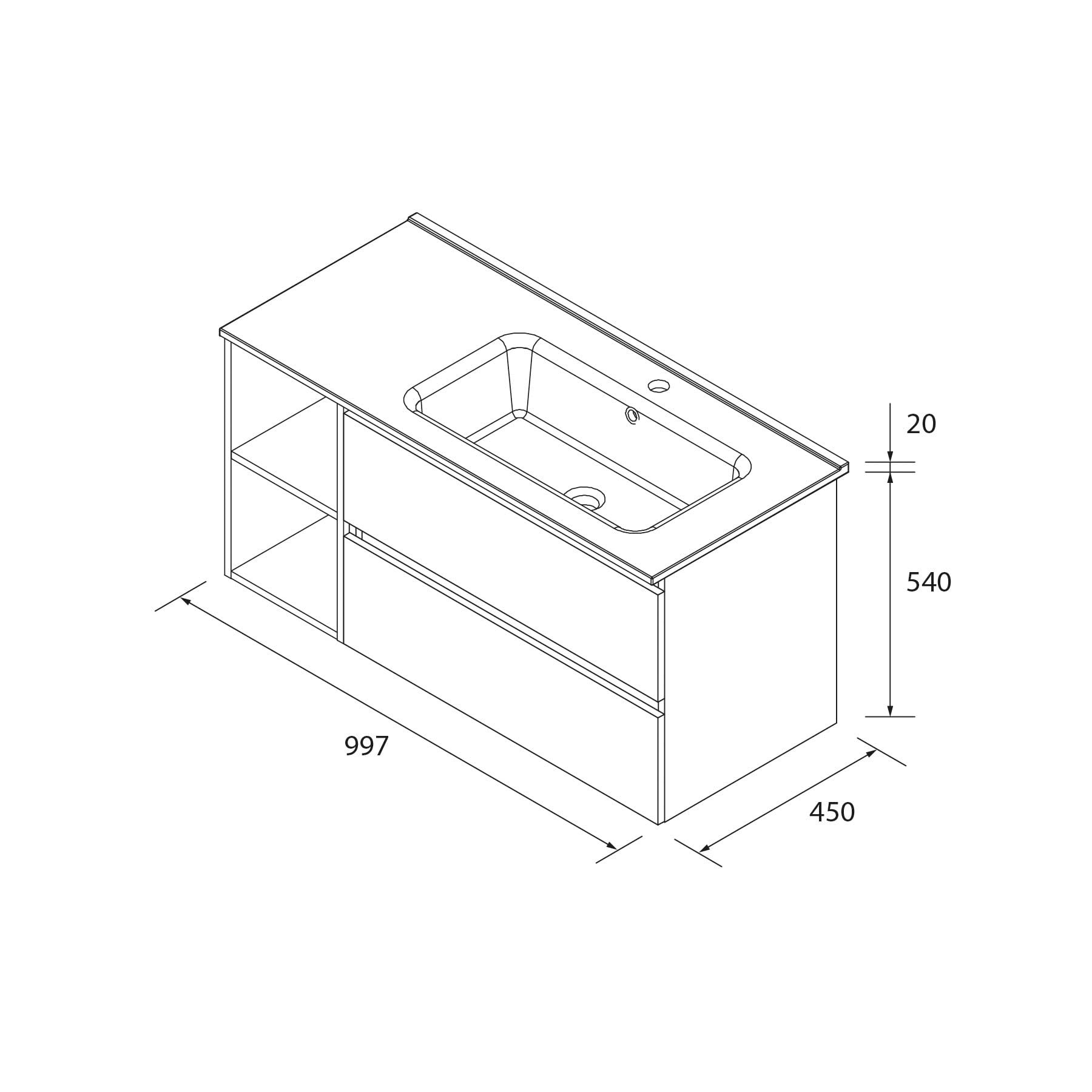 Salgar Mueble de Baño Bequia Plus 100 cm 2 cajones Negro Mate y Coqueta Izquierda 2 Huecos Roble con Lavabo Integrado