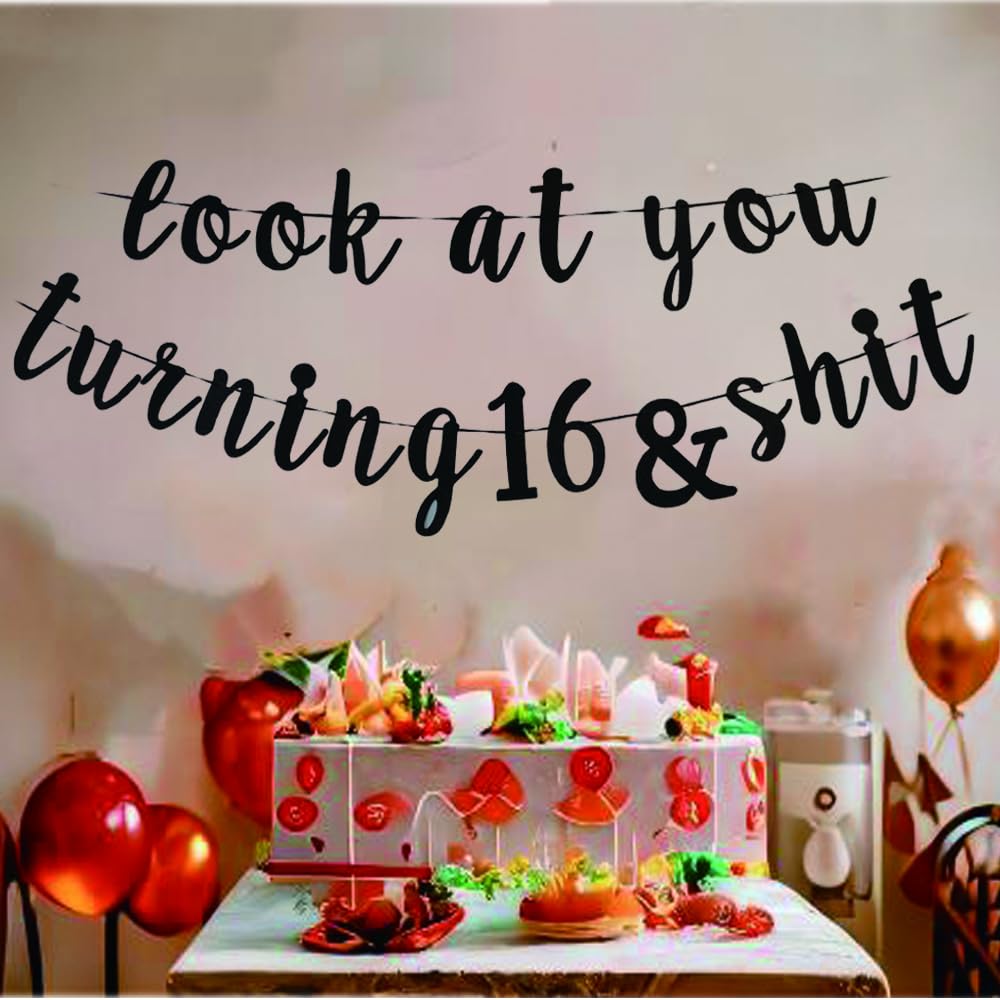 Look At You Turning 16 Banner - Black Glitter Sweet Sixteen Party Decor, DIY Hanging Banner