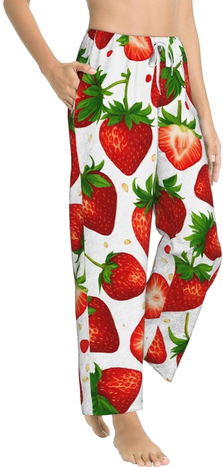 Strawberry Print Fashion Cozy Womens Flannel Pajama Pants,Perfect For Christmas And Everyday Wear