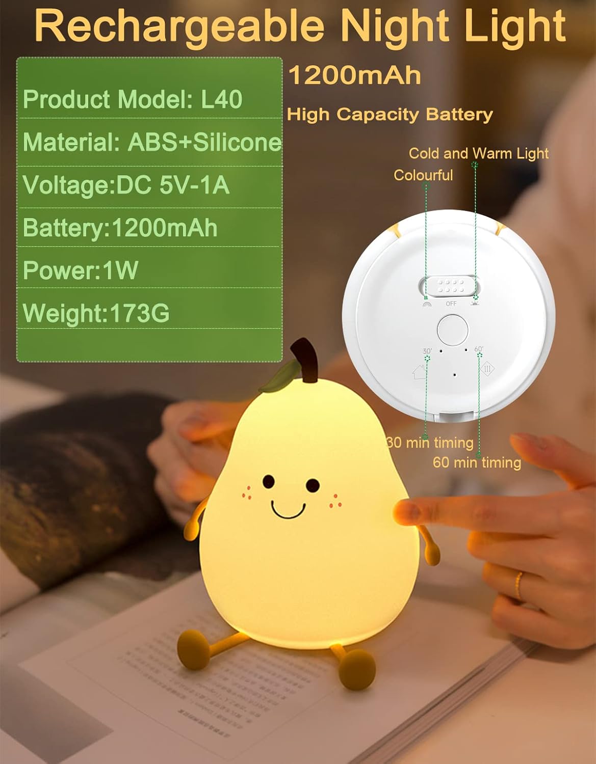 HAPPYBAG Cute Silicone Night Light for Kids,Dimmable Nursery Pear Lamps,Kawaii Room Decor Fruit Night Light Bedside Lamp for Baby and Toddler