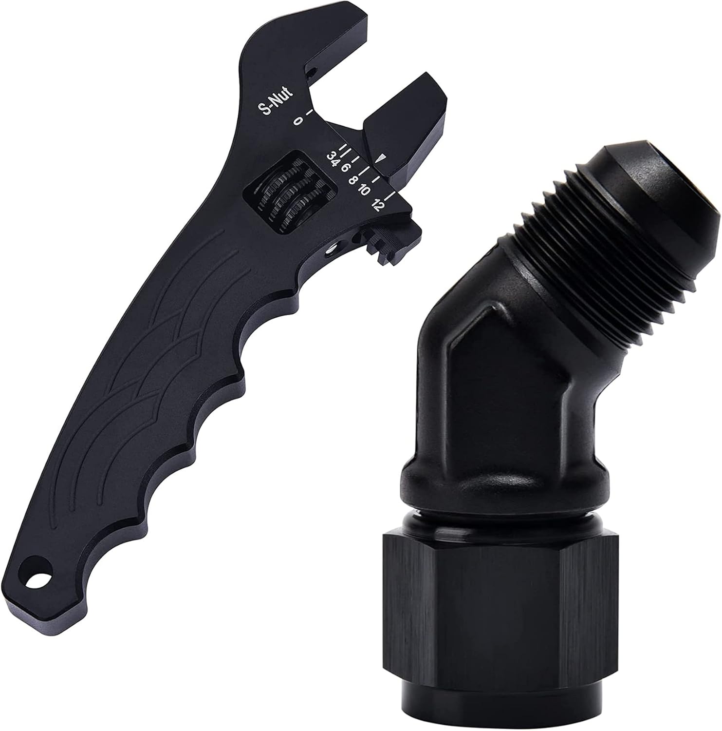 EVIL ENERGY 8AN Female to AN8 Male 45 Degree Swivel Fitting Bundle with Adjustable 3AN-12AN Wrench Aluminum Black