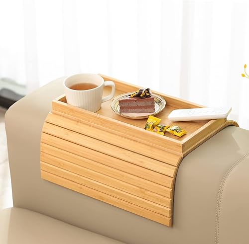 Miniatura 12 de GEHE Bandeja de Brazo de Sofá de Bambú, Mesa Lateral Plegable para Brazo de Sofá, Mesas de Reposabrazos Anticaídas con Portavasos para Aperitivos