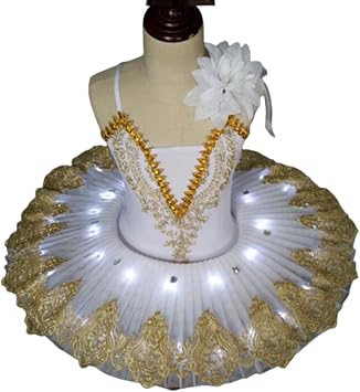 specialized Girls' Ballet competition dress, Led Light Swan Lake Ballerina Pancake dress Ballet Dress party Dance Costumes,White,140CM [Energy Class A]