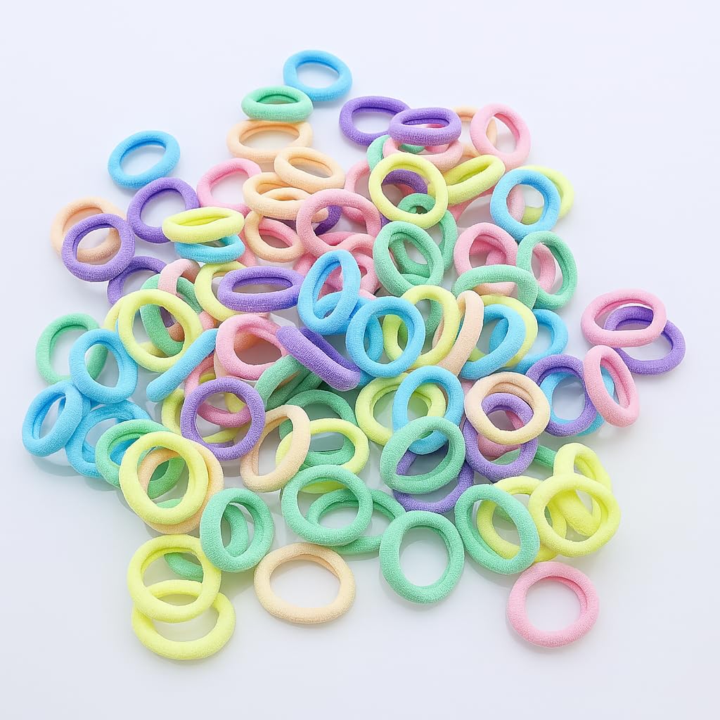 Fitness Fit Baby Hair Ties for Girls and Kids Soft Premium Cotton Mini Hair Elastic Rubber Bands Stretchable No Damage Non-Slip Small Ponytail Holder Tiny Hairband (Pastel) (Pack of 100)