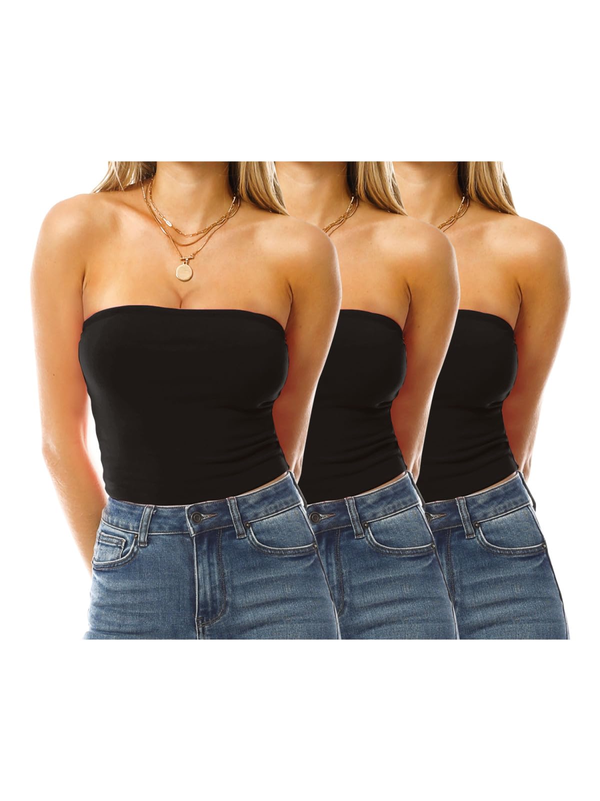 Women's 3 Pack Double Layered Tube Tops Crop Tops Strapless Basic Backless Bandeau Bra Solid