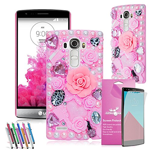 3D LG G4 3D Bling Case, EpicGadget(TM) Luxury Pink Fairy Tale Floral Pearl Diamond Hard Case Cover for LG G4 H815 F500 + HD Clear LG G4 Screen Protector AND 1 x Random Color Long Stylus Pen(US Seller!!) (Pink Fairy Flower Back Case)