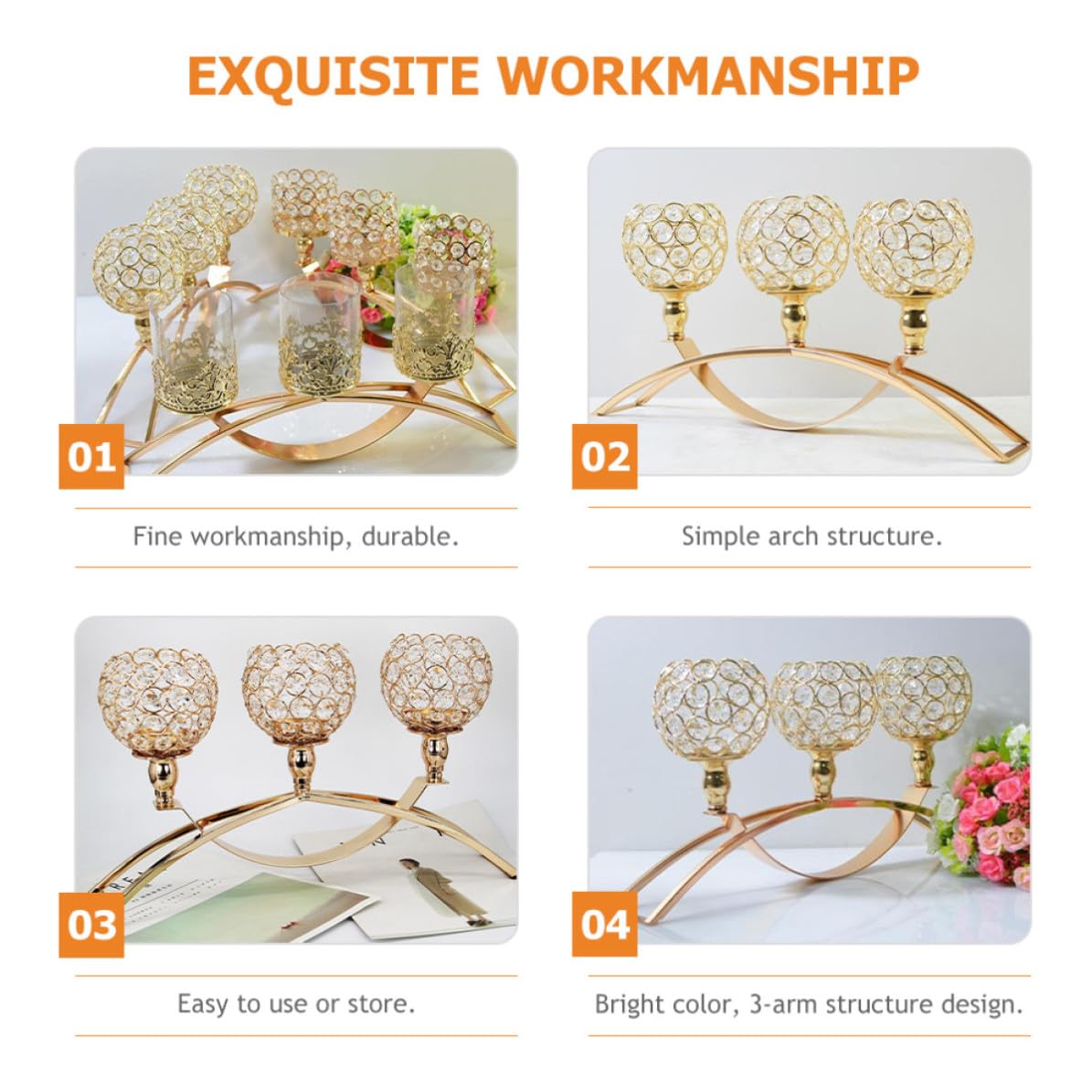 Candélabre de Table à 3 Bras en Métal et Cristal, Arche Décorative