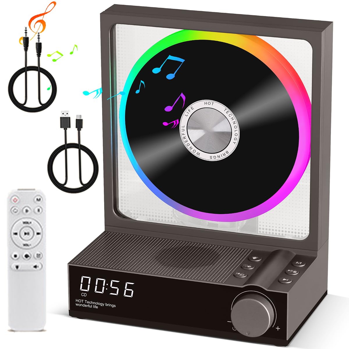 Reproductor de CD Bluetooth portátil con batería recargable de 4000 mAh, efectos de iluminación RGB y temporizador, reproductor de música de escritorio con puerta de succión magnética