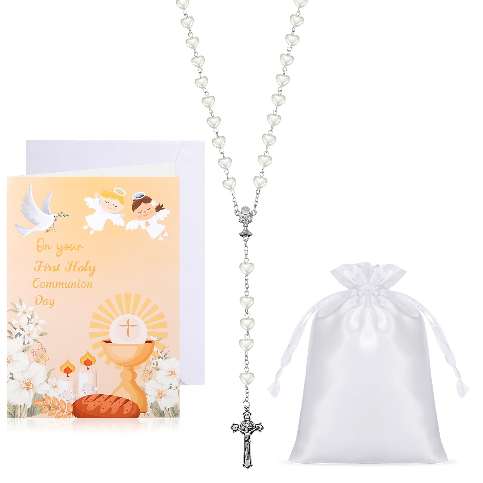 Sinmoe3 Set First Holy Communion Heart Rosary Beads with First Communion Cards and Drawstring Pouch Metal Rosary Necklace Catholic Pearl Cross Necklace Gift for Christmas Girl Boy Christening(White)