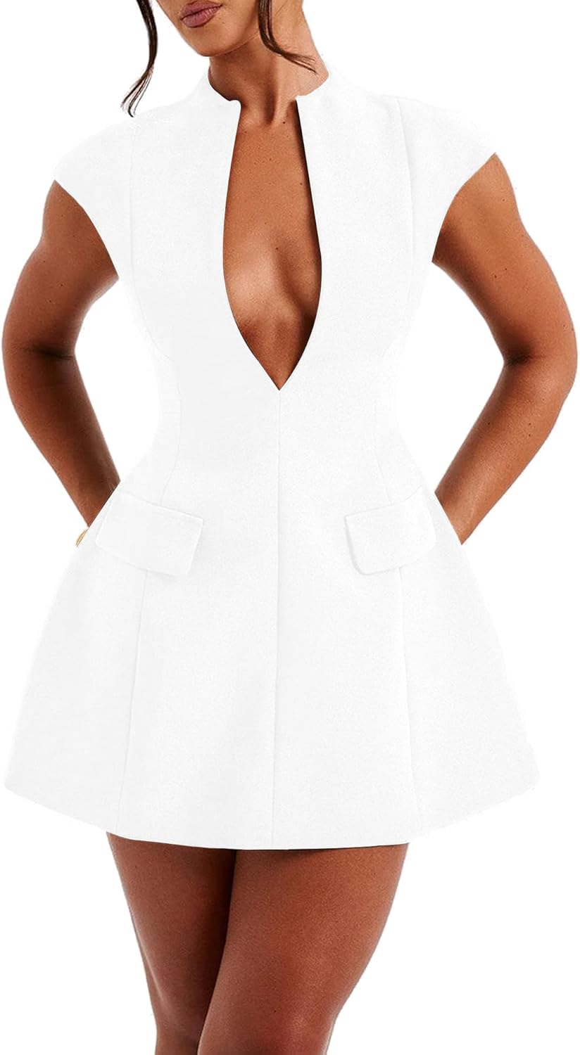 LuFeng Women's Summer Sexy Cap Sleeve Deep V Neck Zipper A-line Mini Dress Hollow Bodycon Night Out Party Dress