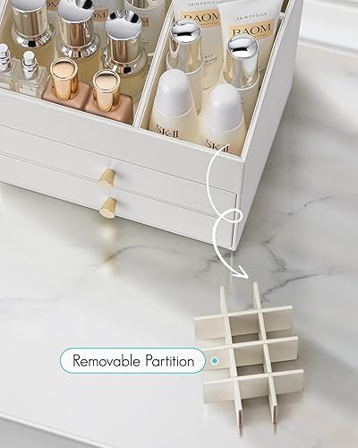 Miniatura 5 de Vlando Organizador de maquillaje para tocador, organizador de encimera de gran capacidad con cajones, vitrina de cosméticos de piel sintética para