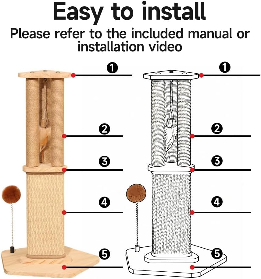 Cat Scratching Post for Indoor Cats,Kitten sisal Scratch Post for Cute Small Medium Adults cat,Rope Scratcher with Ball (27" H)