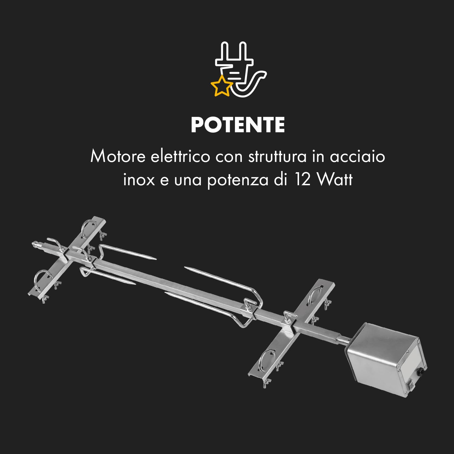 Klarstein Girarrosto Elettrico per Barbecue 12W, Girarrosto per Maialino, Spiedo Elettrico con Altezza Regolabile, Spiedo Barbecue con 3 Piedi in Acciaio Inox, Gira Maialino