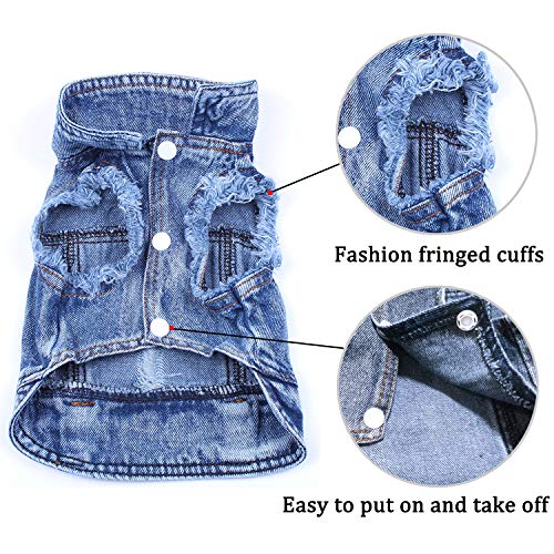 Brocarp Dog Jean Jacket, Blue Denim Lapel Vest Coat T-Shirt Costume Cute Girl Boy Dog Puppy Clothes, Comfort and Cool Apparel, for Small Medium Dogs Cats, Machine Washable Dog Outfits (Medium, Blue) - Thumbnail 3