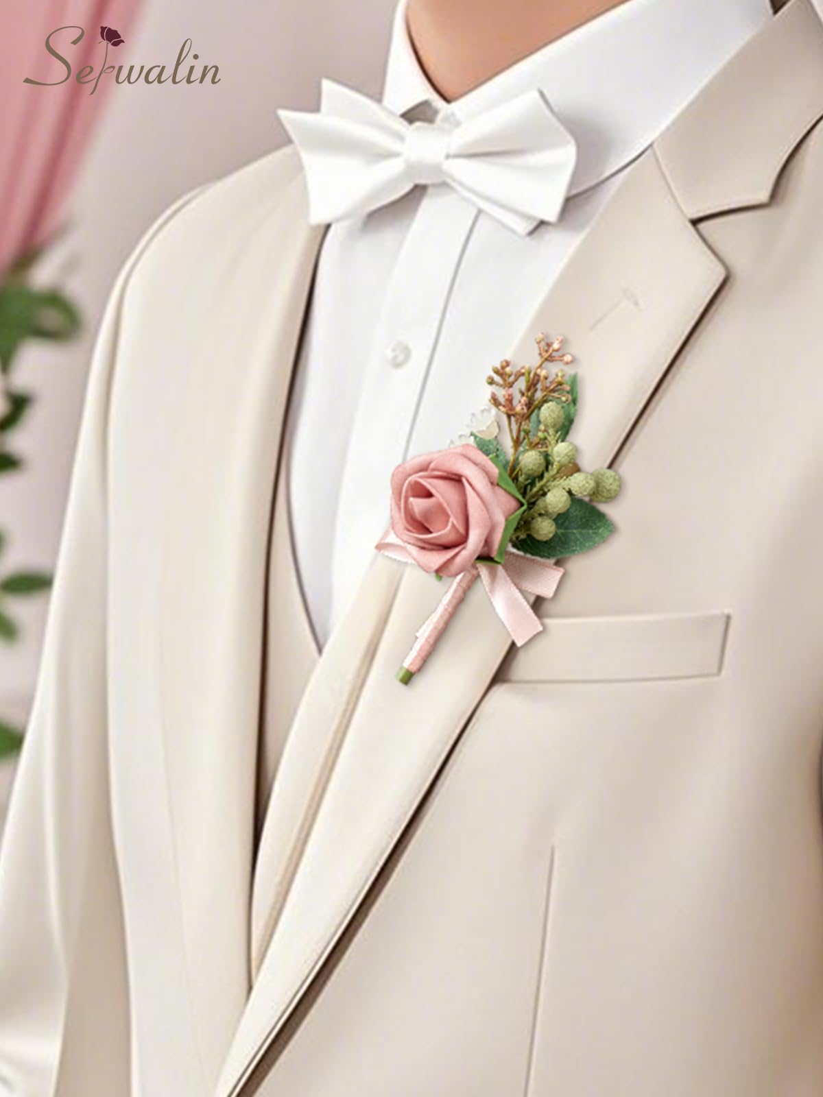 Serwalin Boutonniere rosa per matrimonio da uomo, set da 10