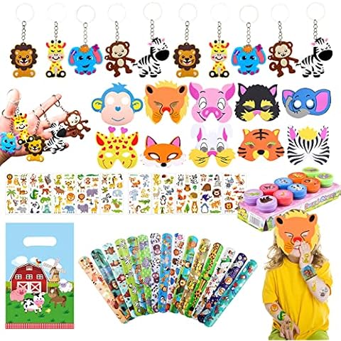 Luccyle 65 Pieces Jungle Party Bags Fillers Safari Party Favors,Cartoon Cute Animal Keychain, Jungle Theme Birthday Party Supplies with Animal Bracelet Ring, Stamper Sticker Keychain Cover