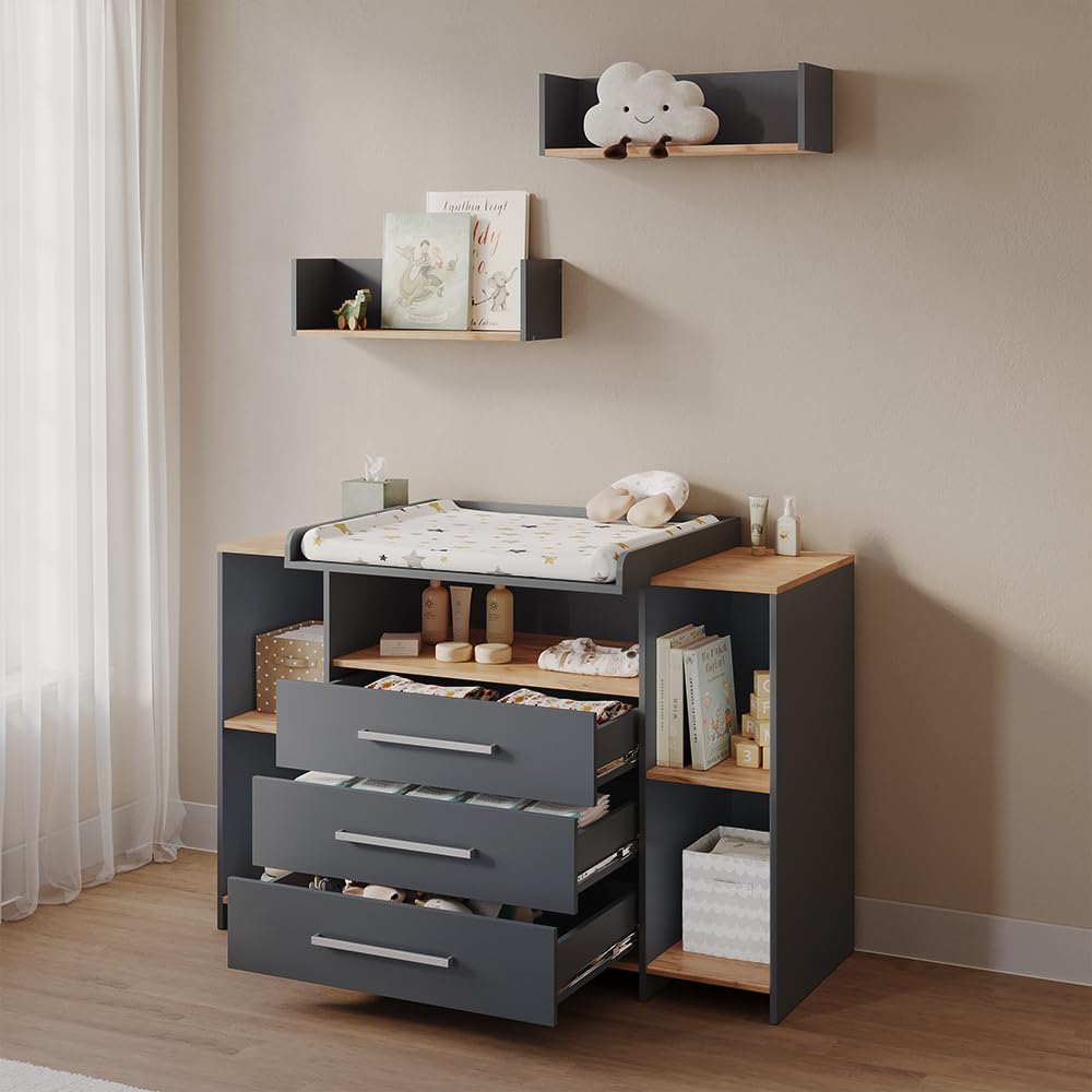 Livinity Commode à Langer Torino, Anthracite/chêne doré, avec 3 tiroirs
