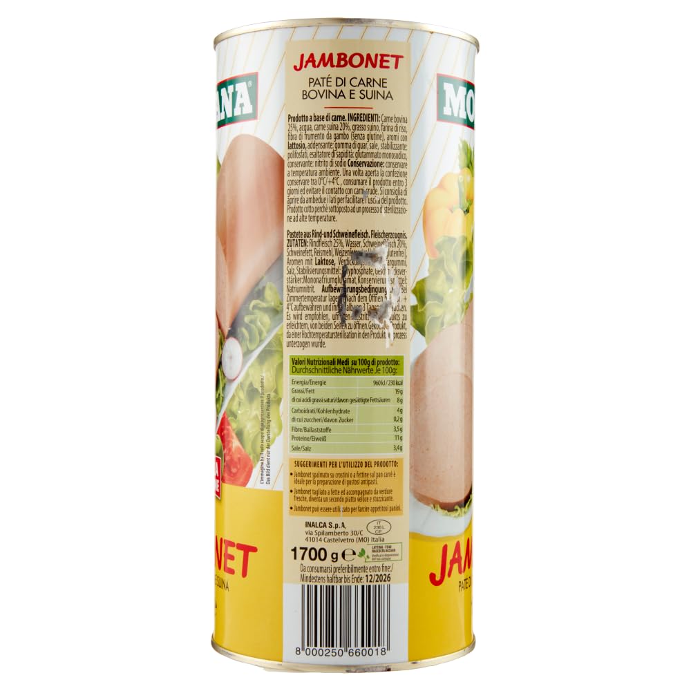 Italian Gourmet Jambonet Patè di carne bovina e suina 6 x 1,7kg für Brot | Streichzarte Fleischcreme, sapore ricco ideale per antipasti e schnelle, Gesamtnettogewicht 10,2 kg + Kostenlos Polpa 400g