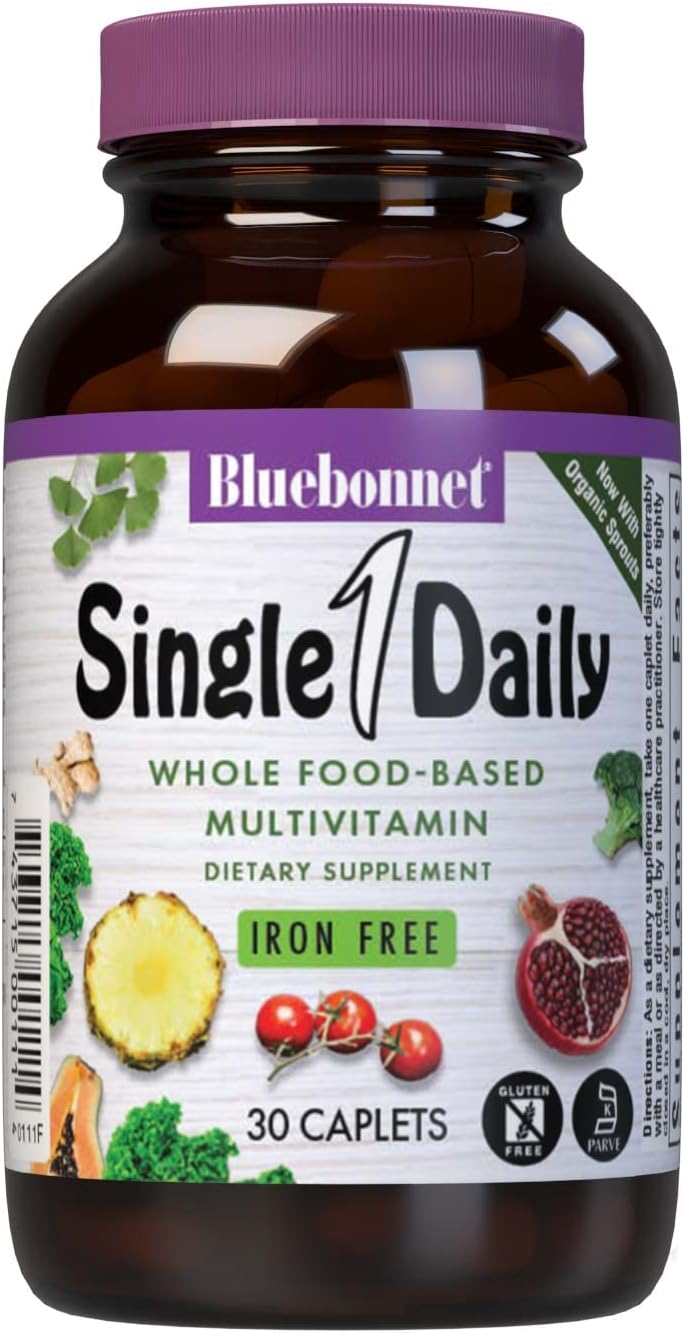 BluebonnetNutrition Super Earth* Single Daily* Multiple (Iron Free), for Daily Nutritional Support*, Gluten-Free, Kosher Certified, Dairy Free, Vegetarian Friendly, 30 Caplets, 30 Servings