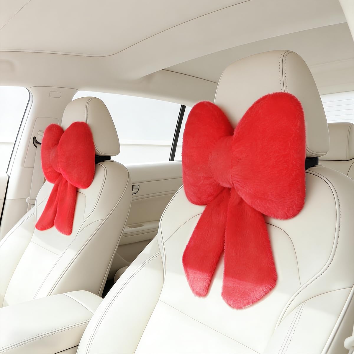 Sexysamba 2 Pcs Plush Bow Car Headrest Neck Pillow Cute Bow Pillow for Car Seat Décor Soft Neck Support for Comfortable Driving Traveling Office