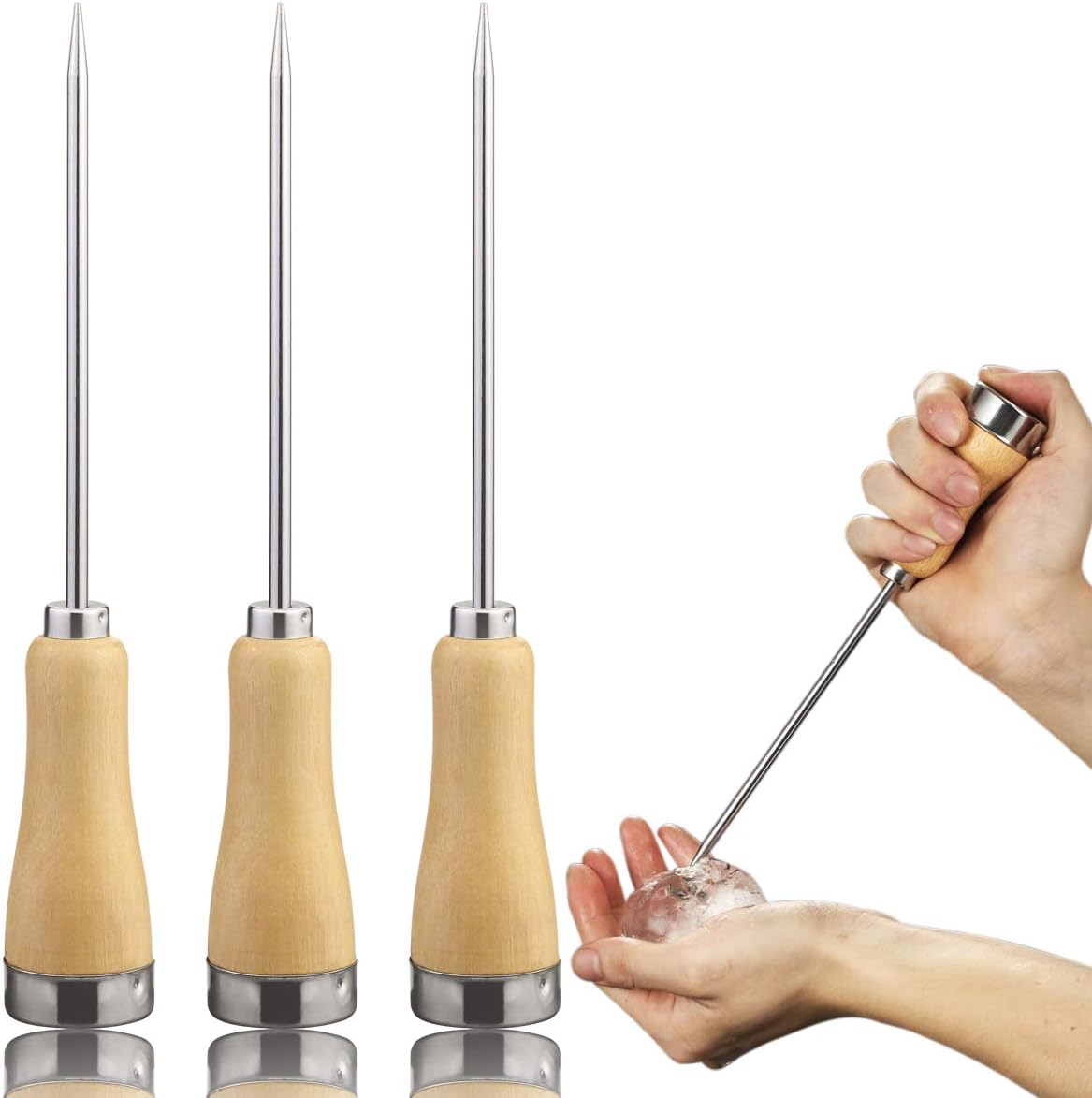 3 Pack Stainless Steel Ice Pick with Safety Wooden Handle for Home Kitchen Restaurant Bar(8.5 Inches)