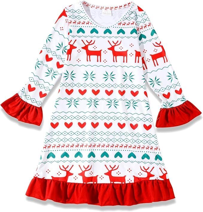 Toddler Girls Nightgowns Elk Pattern Sleepwear Night Dress Pajamas 2-8Y2
