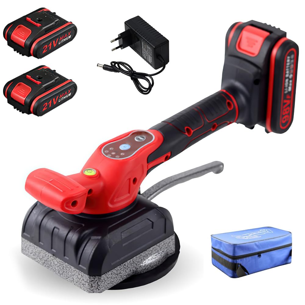 Machine à Carreler Électrique, 21V Vibrateur de Carrelage avec 5 Vitesses Réglables, Ventouse 125mm Capacité 200kg et 12000RPM, 2 Batteries Incluses pour Pose de Carrelage et Dallage Professionnel
