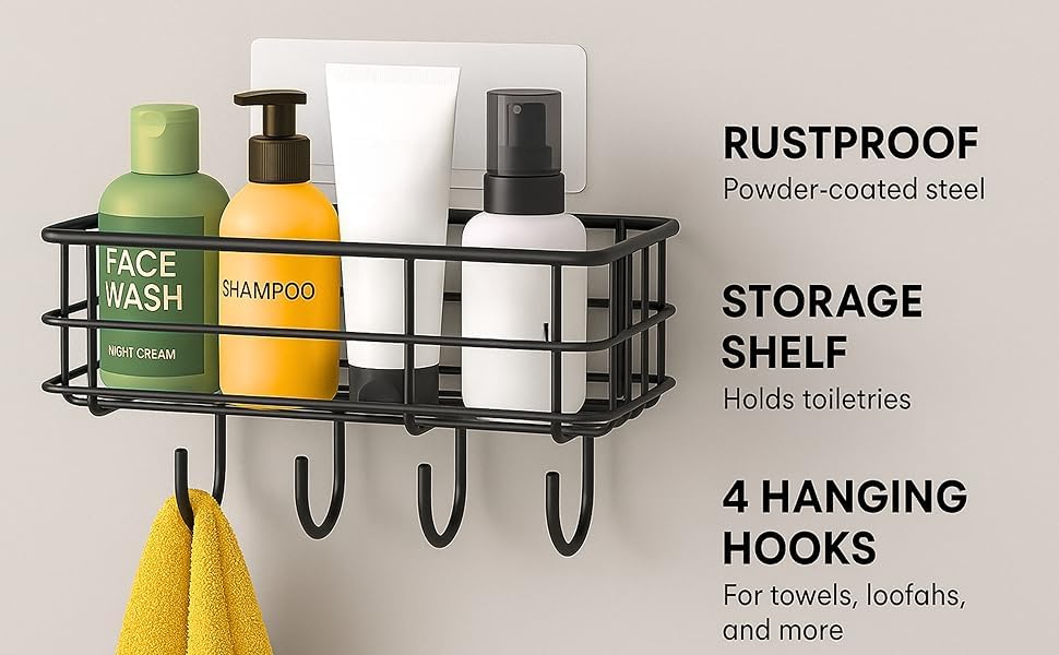 Image of NAMUVA Stainless Steel Bathroom & Kitchen Shelf with 4 Hooks | Self Adhesive Wall Mounted Organizer Rack Black Rust Proof Storage Drill Free Space Saving Holder for Bathroom Home - Pack of 1 CED