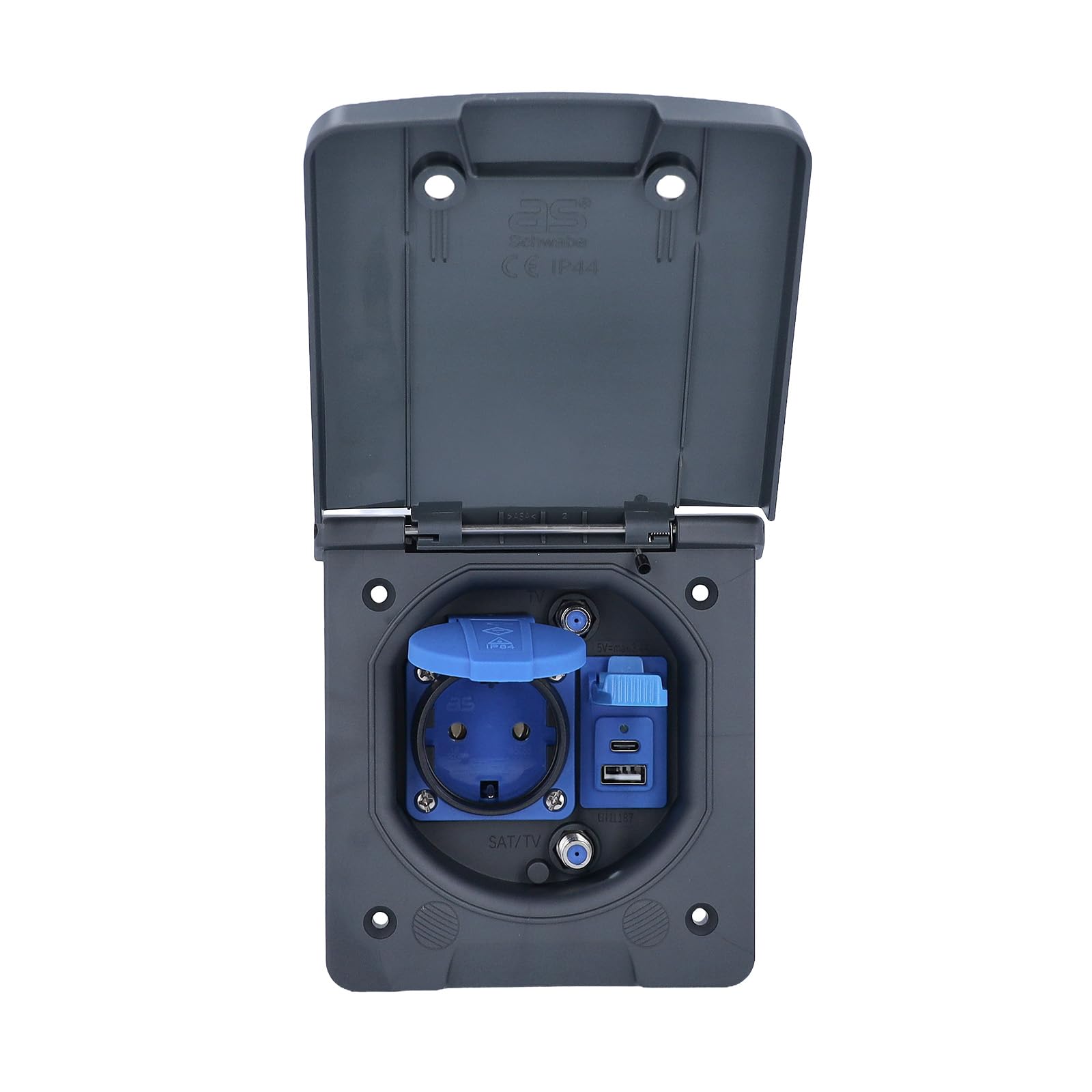 as - Schwabe Gniazdko do przedsionka do przyczepy kempingowej z gniazdem USB-C i USB-A, gniazdo SAT i gniazdko 230 V, IP44, do przyczep kempingowych, antracytowe