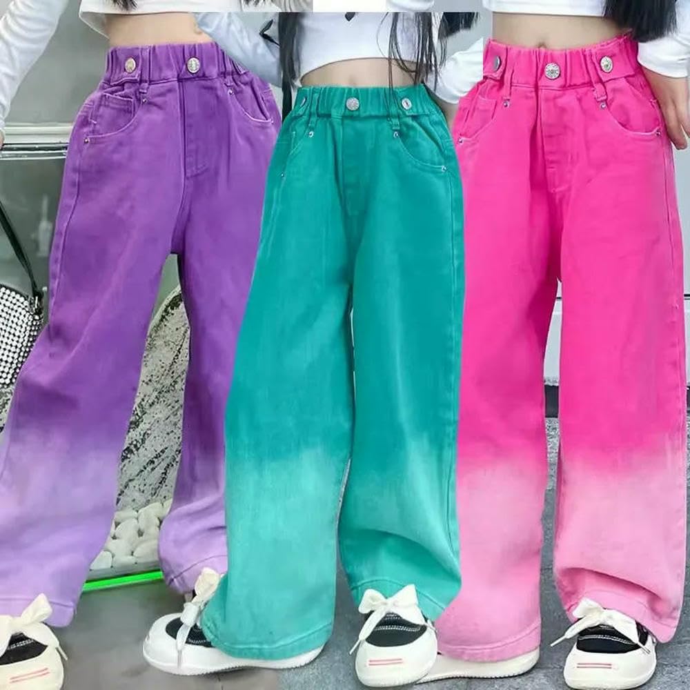 GLDFW 4-14 lat wiosna jesień dziewczęce dżinsy nastolatki gradient długi styl spodnie dziecięce jeansowe spodnie z szerokimi nogawkami ubrania dla dzieci