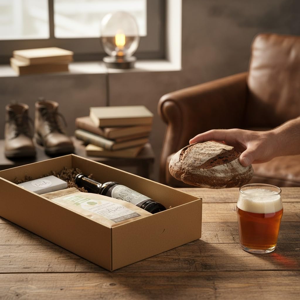 5x Brotback-Box „Back dein Bier“ Geschenkset – Backmischung für Brot 560 g, Exportbier 330 ml, Mini-Schokolade 40 g – Geschenkbox für Männer & Bierliebhaber