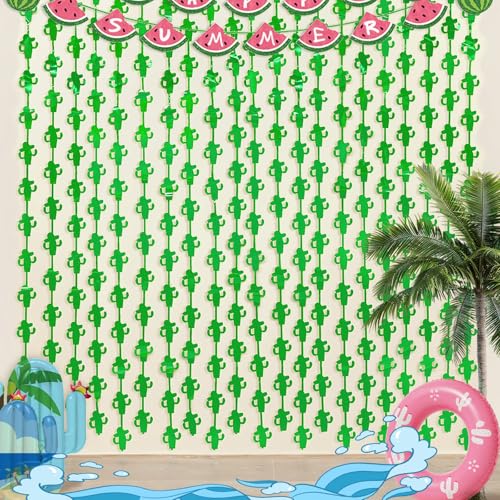 Mega-L Fiesta Party Decorations 2 Pack Summer Mexican Cactus Decor 3.3x6.6ft each, Luau Foil Fringe Curtains Green Streamers Photo Booth for Tropical Pool Aloha Mexican Taco Birthday Party decorations