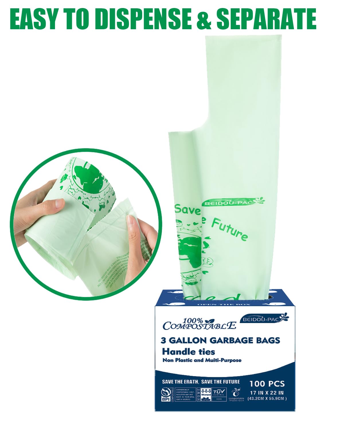 BEIDOU-PAC Bolsas de basura 100% compostables, bolsas de compostaje de 3 galones, bolsas de basura pequeñas de cocina con asa, 100 bolsas de basura biodegradables resistentes, bolsas de basura de