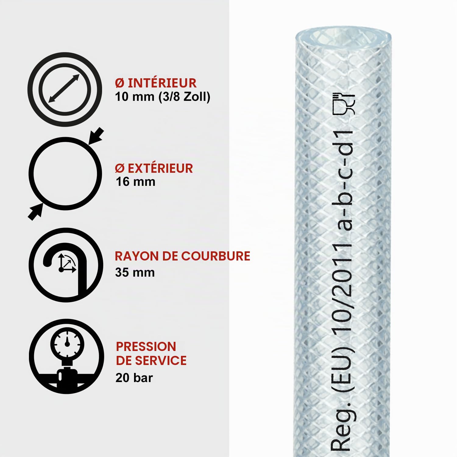 FLEXTUBE TX Ø 10mm x 3mm (3/8"), 10m de long, Qualité alimentaire, tuyau en PVC pour air comprimé, résistant à l'air, à l'eau, aux huiles conditionnelles et aux produits chimiques