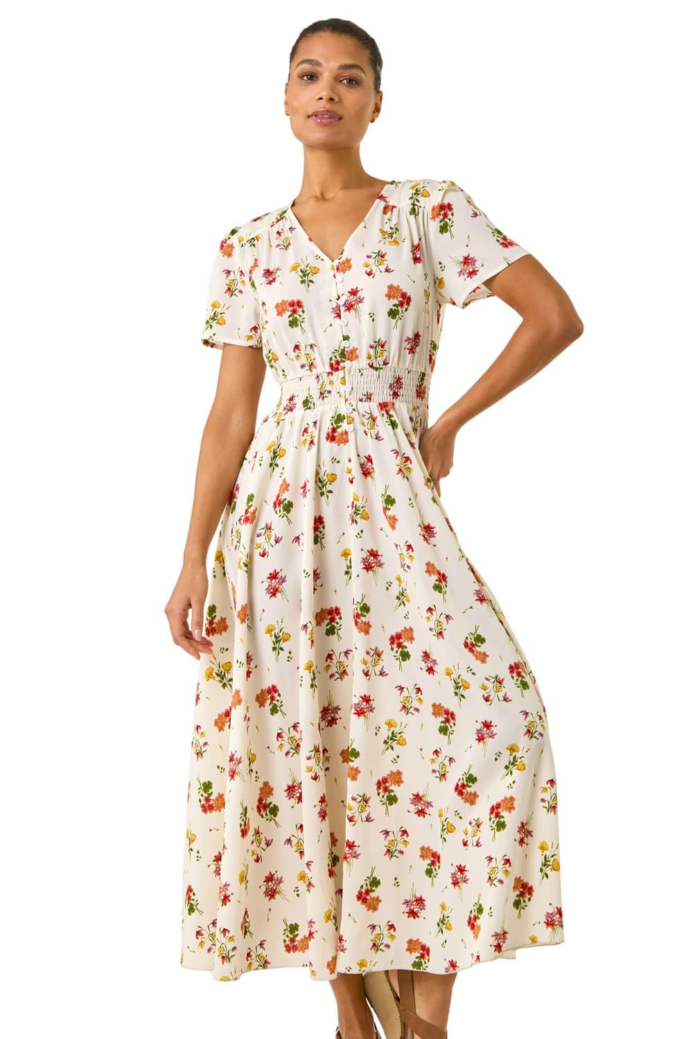 Roman Floral Print Buttoned Midi Dress