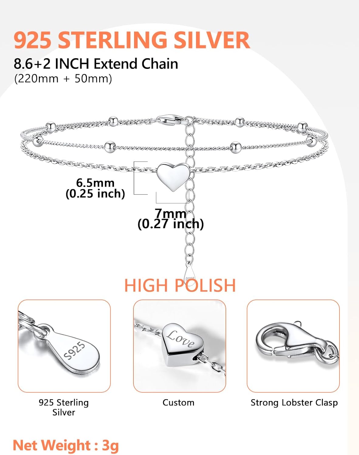 Silvora 925 Sterling Silver Anklets for Women Heart Anklet with Beaded Heart Initial Anklets for Women