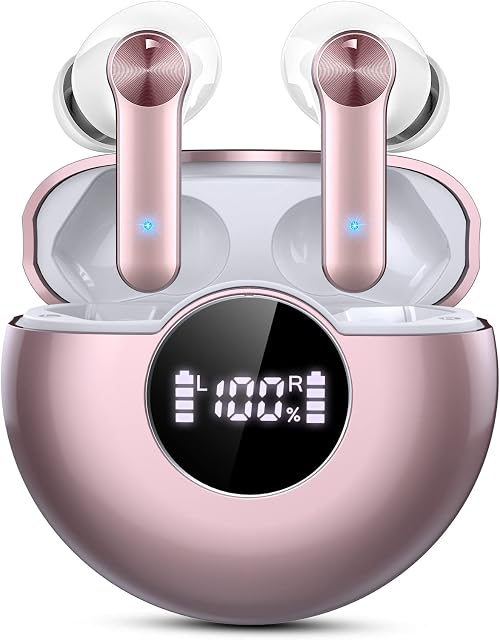 Wireless Earbuds, Bluetooth 5.2 Wireless Headphones With Mics, 48H Playtime with LED Power Display, USB-C Fast Charging, Touch Control, IPX7 Waterproof Wireless Earphones for Work/Sport (Rose Gold)