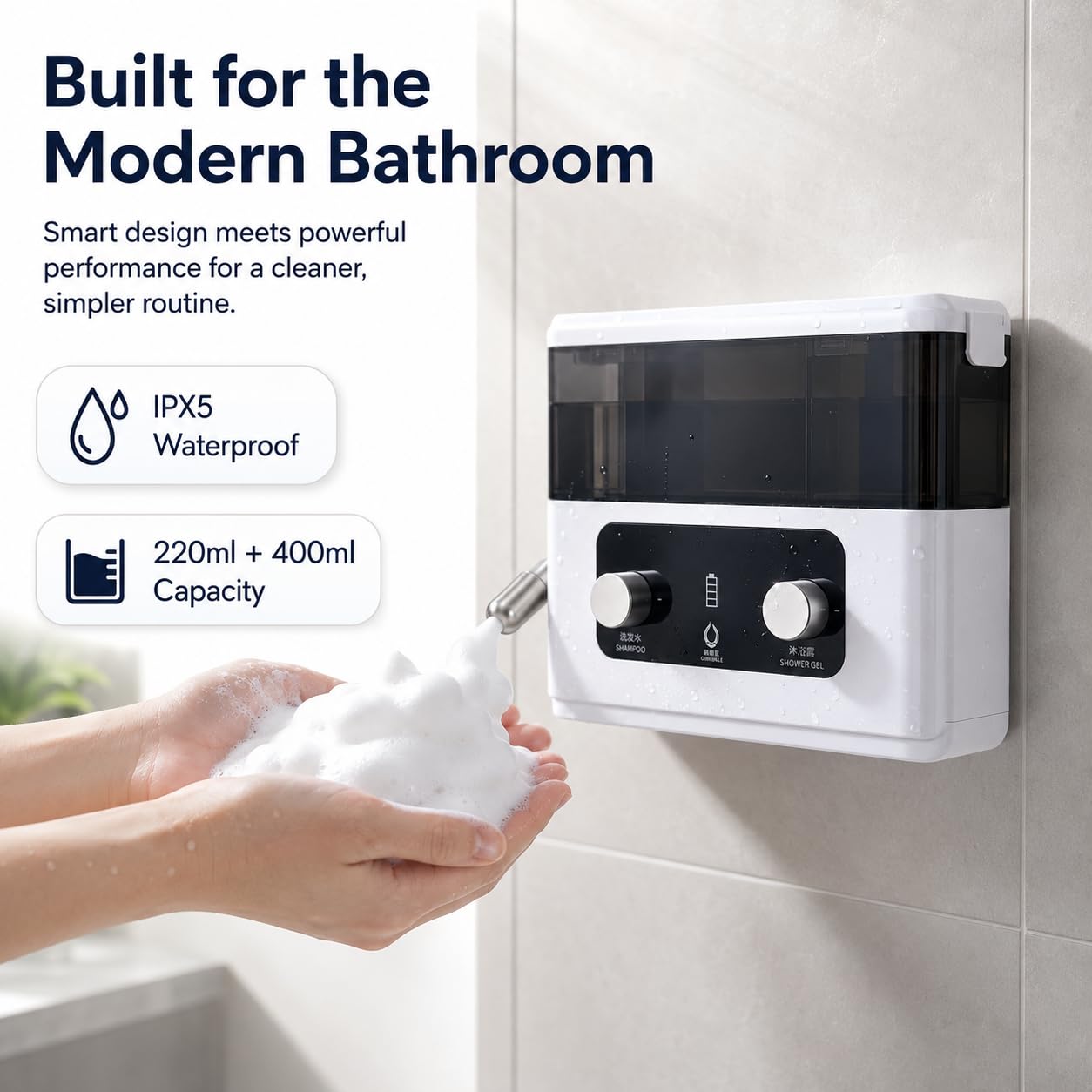 Dispensador automático de jabón en espuma de pared, recargable, 620 ml, boquilla ajustable de 360°, dos modos de espuma y cámara de jabón de 220 ml más depósito de agua de 400 ml