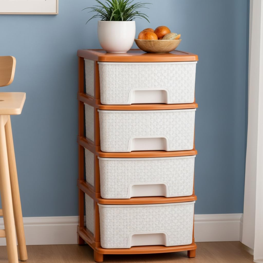 Smarttex™ Plastic Modular Drawer Storage Chest Of Drawers Organizer Storage Box, Large Stomo Racks For Multipurpose Anti-slip Shoes Organizers (White & Golden, 4 Layer)