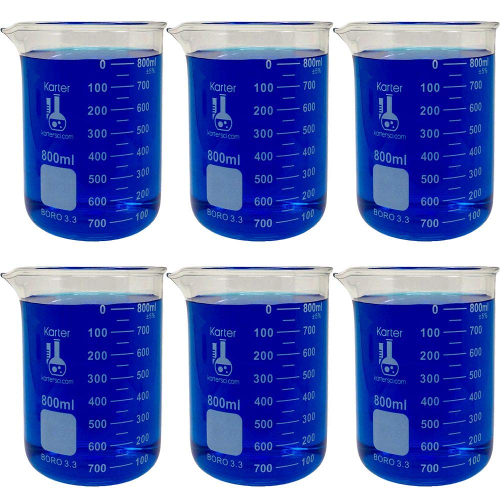 800ml Beaker, Low Form Griffin, Borosilicate 3.3 Glass, with Spout & Printed Graduations, Karter Scientific 232U2, (Pack of 6)