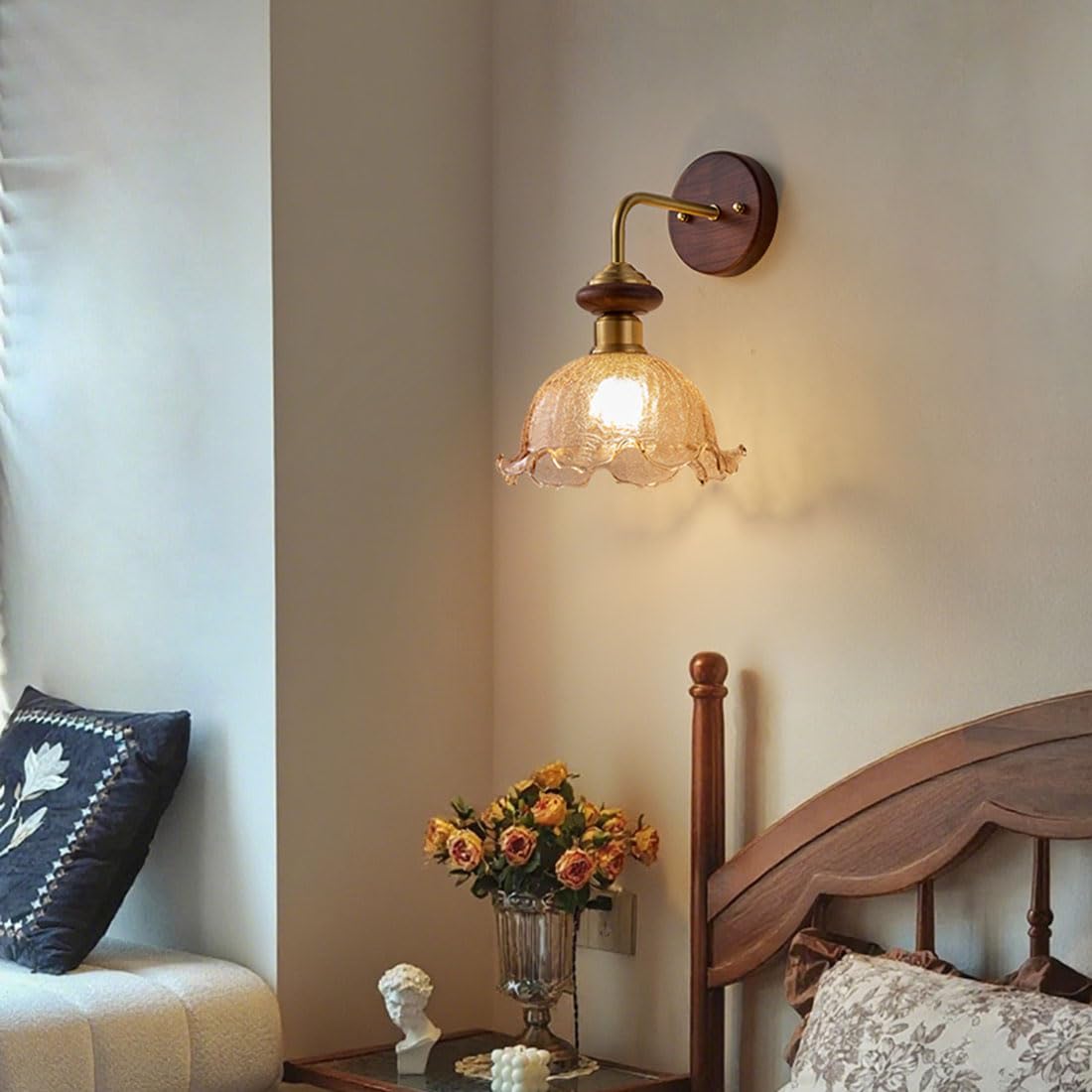 Lampada da parete moderna a forma di fiore in vetro con base in legno massello, stile retrò, applique industriali per interni, ideale per camere da letto, comodini, soggiorni, verande, ingressi e sal