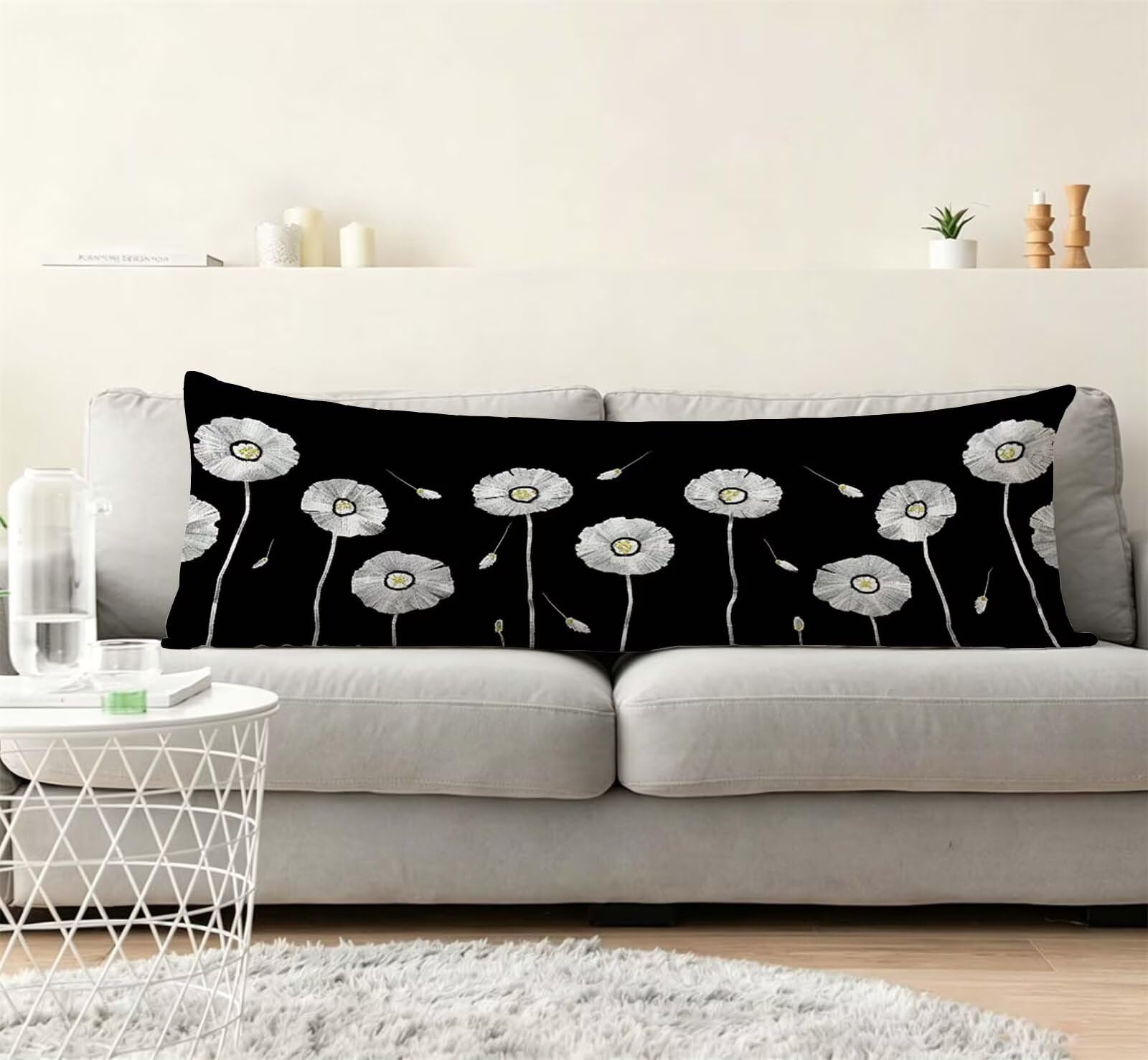 Nero-14 Federe Cuscino Letto 50 x 150 cm, Grande Cuscini per Divano Lino, | Doppia Faccia Stampa, Fiore-7 Fodera per Cuscino Decorativa, con Cerniera, Cuscino per Dormire Sul Fianco j-198