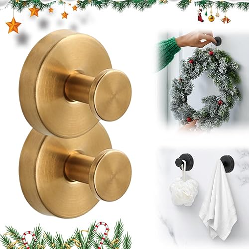Paquete múltiple de ganchos sin taladro, de acero inoxidable, impermeables, con ventosa, para cocinas y baños (2, dorado)