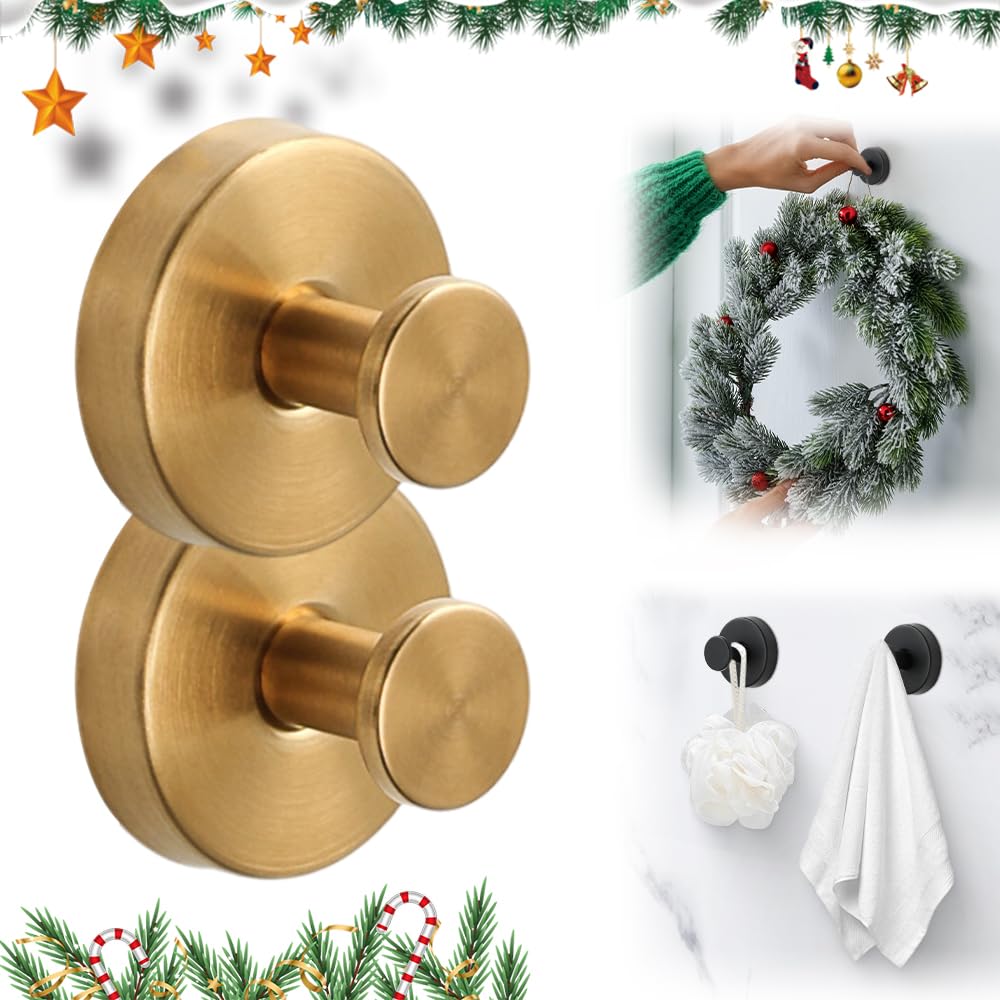2025 Upgraded Suction Cup Hooks, Suction Cup Hanger for Wreaths on Glass, No-Drill Stainless Steel Waterproof Hooks for Shower Bathroom (Gold, 2 PCS)